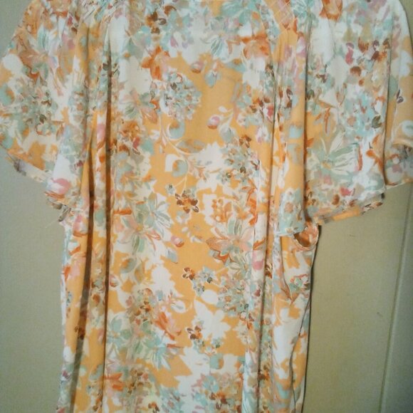 Rose & Olive Blouse Women L Short Sleeve Button Up Feminine Floral Orange Green - Picture 12 of 13
